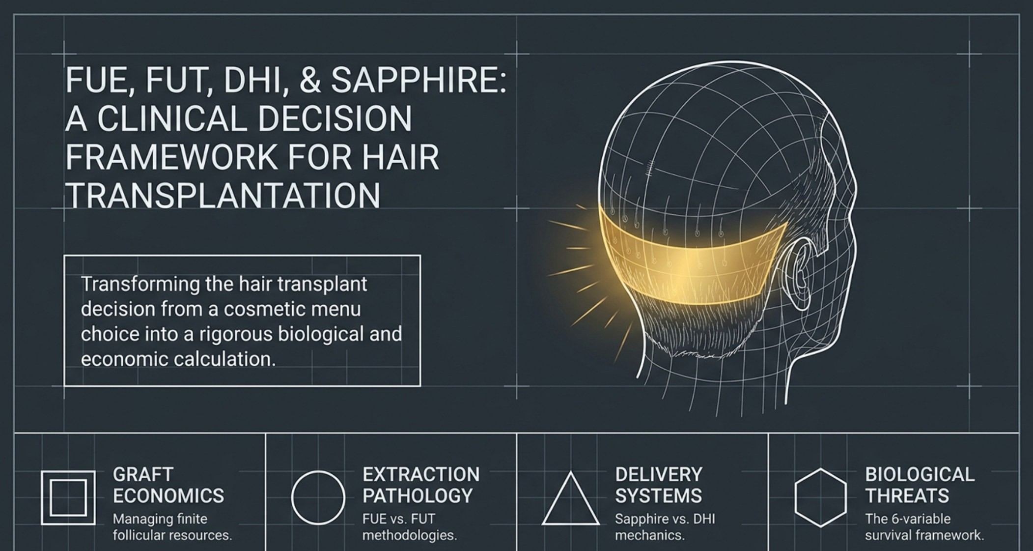 Five-variable clinical decision framework for hair transplantation: graft pathology, extraction, delivery, biological threats and economics