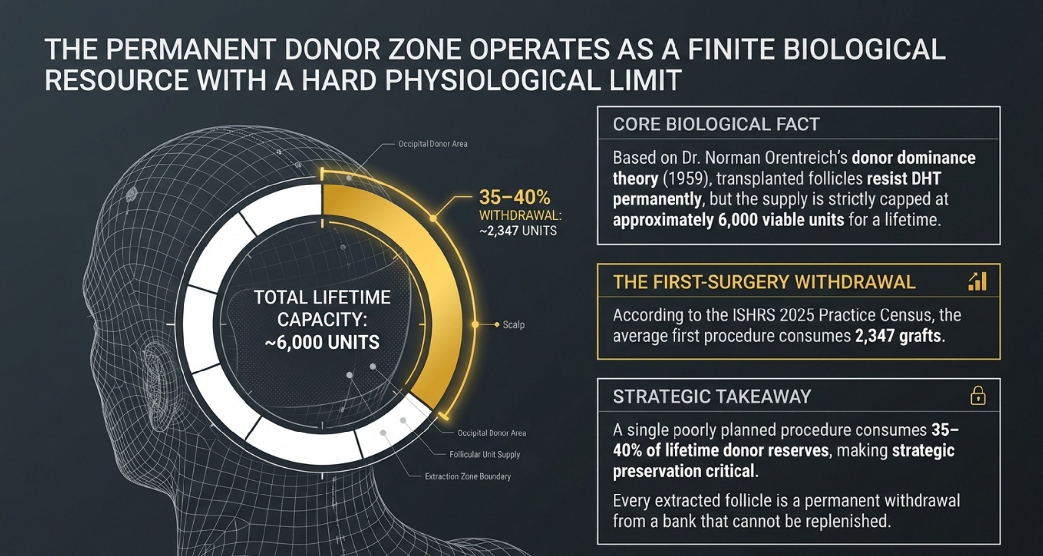 Occipital donor zone as a finite follicular reserve of about 6,000 units with an average first-procedure withdrawal of 2,347 grafts