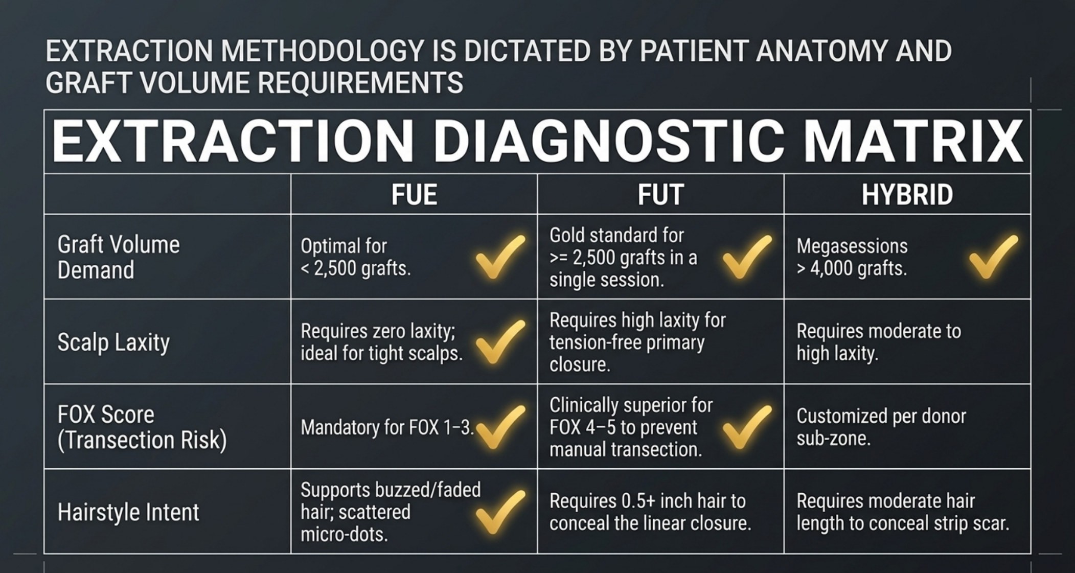 Extraction diagnostic matrix comparing FUE, FUT and hybrid by graft volume, scalp laxity, FOX score and hairstyle intent